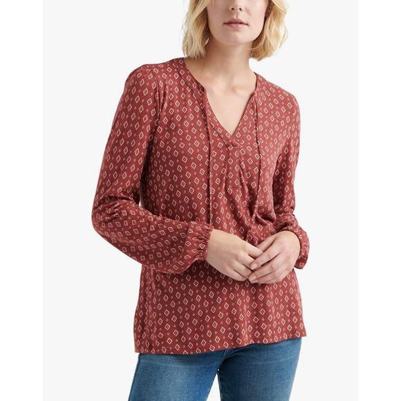 Lucky Brand diamond geo print split neck tie long sleeve tee top red - Picture 1 of 6
